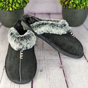 Black Faux Fur House Slipper Scuff Memory Foam Slip On Anti-Skid Sole